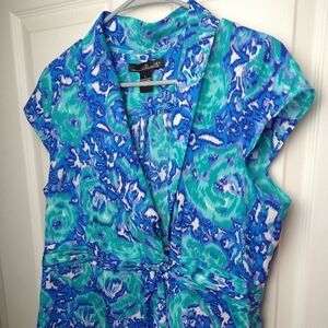 White House Black Market Blue & Teal Patterned Cap-Sleeve Wrap Top